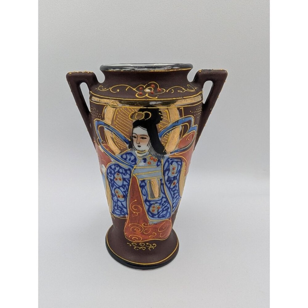 Miniature Vase Asian Woman Moriage Geisha gold raised Accents 5" Vintage Japan